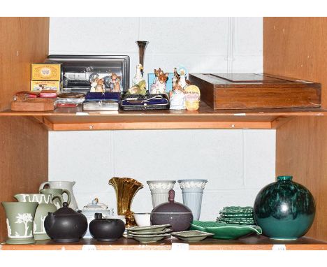 Mouseman ashtray, Wedgewood Jasper ware, silver baby push, coins, Beswick Beatrix potter, plated flatware etc (two shelves)