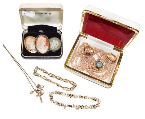 Five charms/pendants hung on a 9 carat gold chain; a Wedgwood brooch; a cameo brooch stamped '800'; a plated cameo brooch; a 