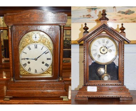 An Edwardian chiming inlaid table clock together with a German mantel alarm timepiece, dial inscribed I. Pryor, Barnsley circ