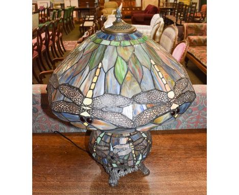 A Tiffany style table lamp, decorated with dragon flies to the shade and body, 53cm  .   (in good condition)