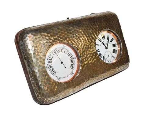 A combined aneroid barometer and timepiece, silver mounted travelling easel backed case