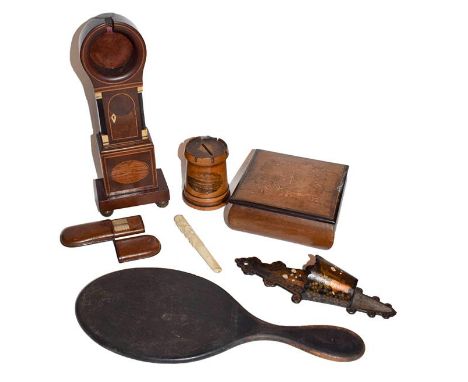 A longcase clock form pocket watch holder, a Mauchline ware Douglas money box, etc