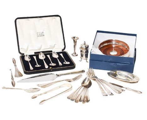 A Collection of assorted silver, including: a pair of Art Deco-style ashtrays;  Four York silver teaspoons; a pair of Scottis