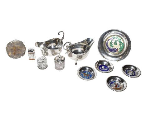 A tray of silver items including a pair of sauceboats and five Norwegian silver and enamel dishes by O. J. Hjortdahl, Oslo, 2