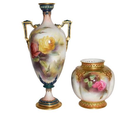 A Royal Worcester Hadley ware vase and a Royal Worcester vase, painted with roses (2)   Twin-handled vase lacking cover but o