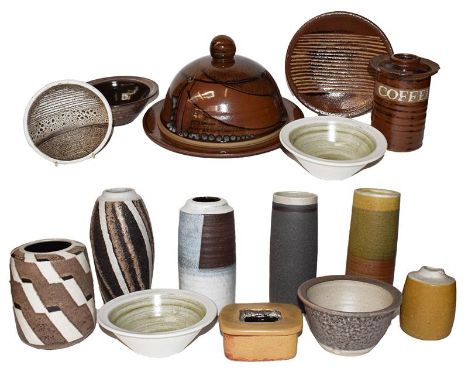 Two trays of assorted Studio Pottery including Christopher Jenkins and David Lloyd JonesThe cheese dome and dish are David Ll