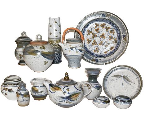 A collection of assorted Studio Pottery by Andrew Hague including jars and covers, a teapot, cream jug, vases, hot water jug,