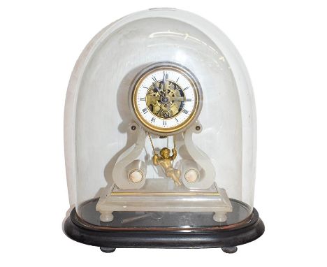 A Victorian swingin cherub Alabastor mantle timepiece, circa 1890, beneath glass domethe dome has a chip and nibbles around t