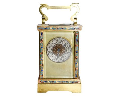 A brass and champleve enamel carriage timepiece, circa 1900