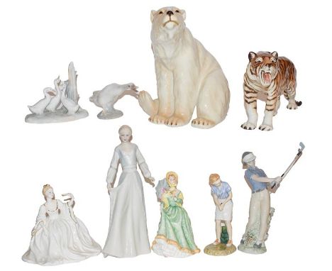 Rorstrand model of a Polar Bear, a Rorstrand model of a Tiger, a Reflections Royal Doulton figure of Demure HN 3045, a Royal 