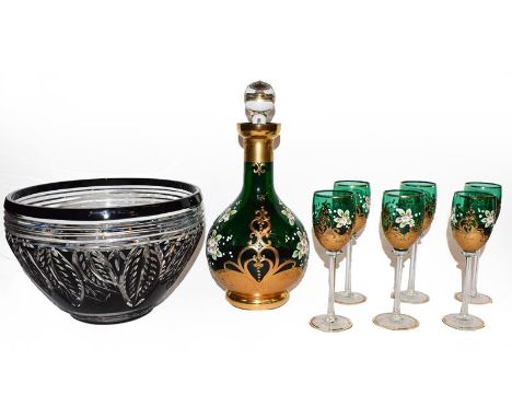 A Murano emerald glass liqueur set with gilt and enamel embellishments; together with a black flash cut glass bowl (2)