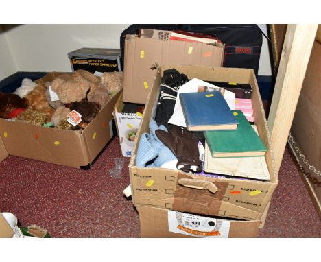 FIVE BOXES OF MISCELLANEOUS ITEMS, to include approximately ten St. Giles teddy bears, handbags and purses, a paper shredder,