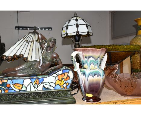 A GROUP OF LAMPS, CERAMICS AND GLASS WARE, comprising a figural lamp depicting an Egyptian style reclining lady on a Tiffany-