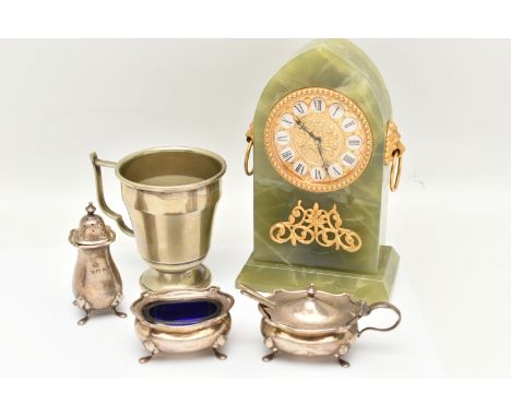 AN ASSORTMENT OF ITEMS, to include a silver condiment set, consisting of a salt and mustard with blue glass inserts, and a pe