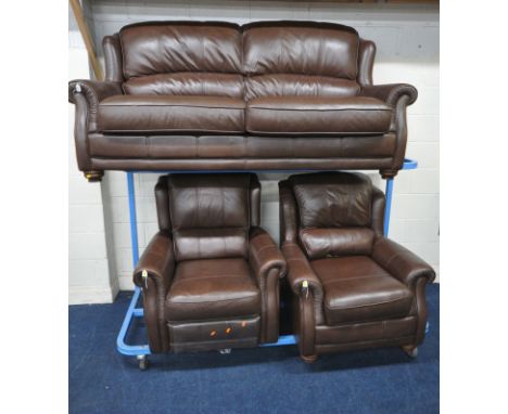 A WADE ADDITIONS BROWN LEATHER TWO SEATER SOFA, length 204cm x depth 96cm x height 100cm, along with a matching armchair, and