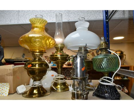 A GROUP OF TABLE LAMPS WITH GLASS SHADES, to include an antique Eccles protector/miners lamp, type 6 No.8/28 (has signs of br