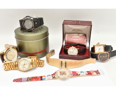A BOX OF ASSORTED WATCHES, eight wristwatches, names to include Casio G shock, Skagen, Rotary, Swatch, Sekonda, Limit, Saint 
