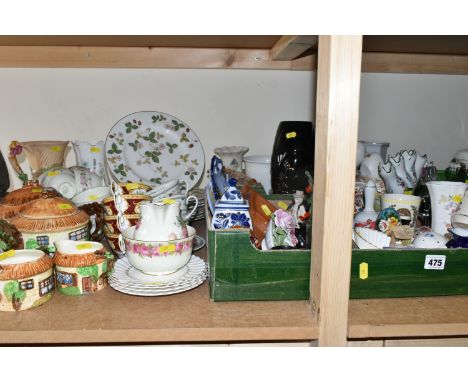 TWO BOXES AND LOOSE MIXED CERAMICS, to include a selection of vases and planters, Royal Doulton six cups and saucers and six 