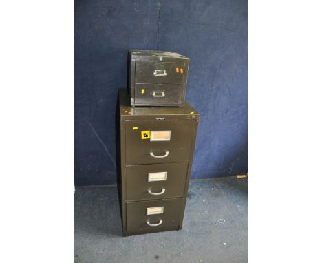 A VINTAGE SANKEY THREE DRAWER METAL FILING CABINET (no key) and two vintage two drawer file cabinet width 34cm depth 46cm hei