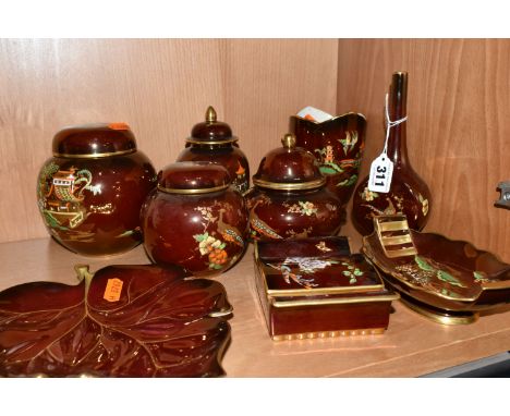 A COLLECTION OF CARLTON WARE ROUGE ROYALE GIFTWARE, comprising four assorted ginger jars, two trinket dishes, a small bud vas