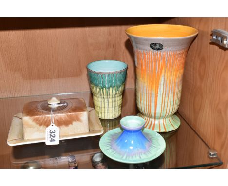 FOUR PIECES OF ART DECO SHELLEY  DRIP WARE CERAMICS, comprising an orange and green vase design 8792/04, height 19cm (chip on
