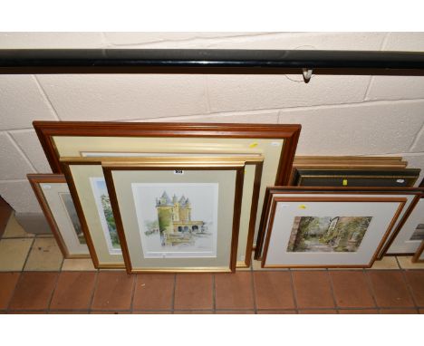 A SELECTION OF PAINTINGS AND PRINTS, to include a Brian Amor watercolour of French landscape and an over painted print of Cha