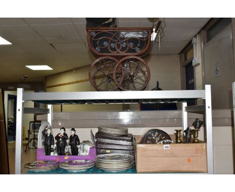 TWO BOXES AND LOOSE COLLECTOR'S PLATES AND SUNDRIES, to include a Smiths wooden mantel clock, a pair of brass candle sticks, 