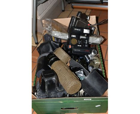 ONE BOX OF VINTAGE CAMERAS AND EQUIPMENT, to include a Cosina Hi-Lite camera, a Kodak 250, an Instamatic 100 camera, a Super 