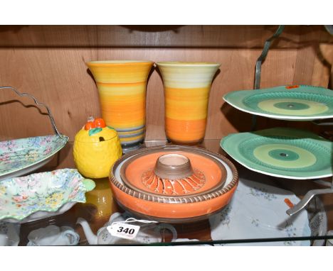 A GROUP OF SHELLEY VASES AND TEA WARE, comprising two banded vases of flared cylindrical form, with orange and brown or grey 