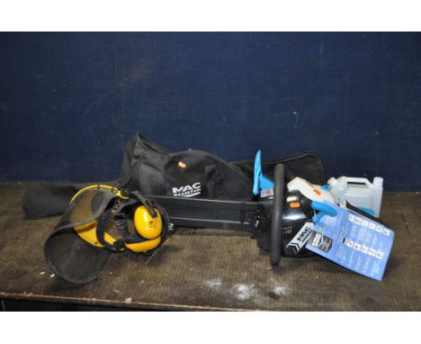 A MacALLISTER MSCWP40 PETROL CHAINSAW with bag and oil mixture bottle (appears to be new and unused) along with a mask and ea