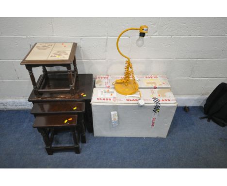 A MUSTARD YELLOW INDUSTRIAL LAMP, two boxed lights, an oak nest of three tables, along with a tile top table (condition repor