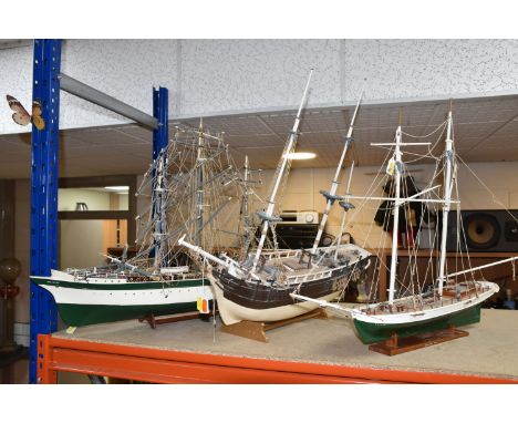 THREE VINTAGE MODEL SAILING BOATS/SHIPS, wooden model of a sailing boat painted in an emerald green and white with the name D