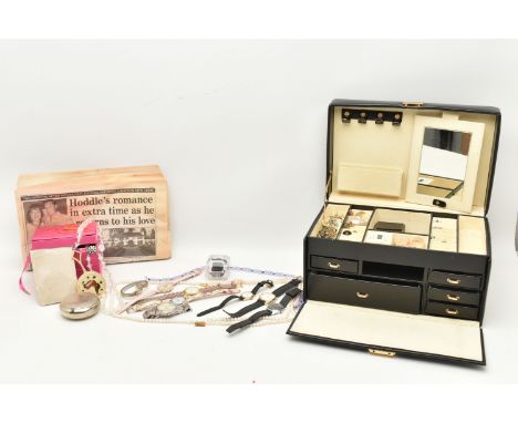 A JEWELLERY BOX WITH COSTUME JEWELLERY AND WATCHES, a black multi storage jewellery box with contents to include costume earr