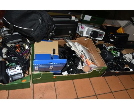 FOUR BOXES AND LOOSE CAMERAS AND FILM PROJECTORS, to include a Prinz Oxford 1200Super 8 film projector, a Sony 4000P video ca