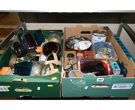 TWO BOXES OF  LAMP AND LANTERN SPARES AND COLOURED GLASS, to include clear glass, red glass, green glass with brass bezel, a 