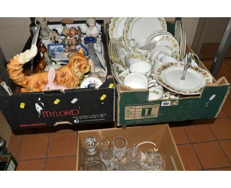 THREE BOXES OF CERAMICS AND GLASSWARE, to include a Duchess 'Greensleeves' pattern dinner set, two Sylvac 'Bunny' ornaments, 