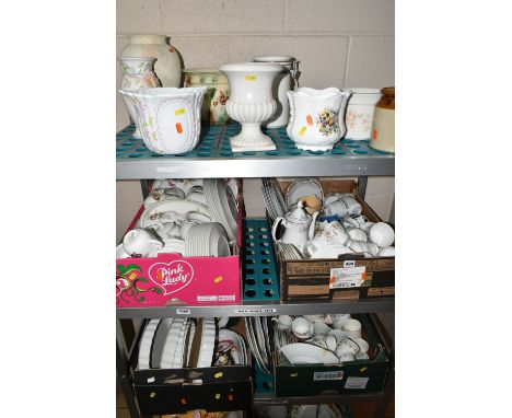 FOUR BOXES AND LOOSE CERAMICS, to include an M&amp;S 'Ashberry' pattern dinner set, a J&amp;G Meakin 'Poppy' pattern coffee s