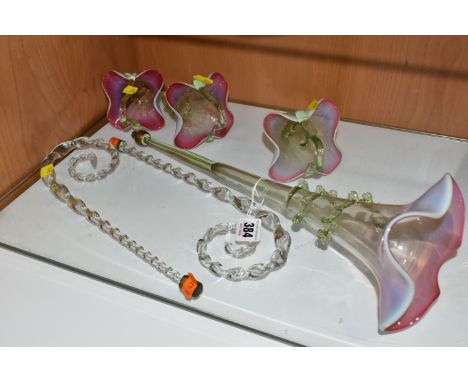 A GROUP OF SIX PIECES OF EPERGNE GLASSWARE comprising a main trumpet flute length 41cm with brass attachment applied uranium 