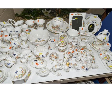 A LARGE QUANTITY OF AYNSLEY 'COTTAGE GARDEN' PATTERN  GIFTWARE, comprising a mantel clock, bon bon dish (reglued), two photo 