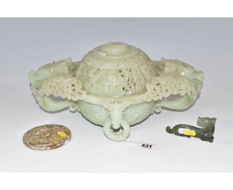 A GROUP OF JADE AND STONE ITEMS, comprising a pale green carved incense burner, assessed as jade, with twin dragons and ring 