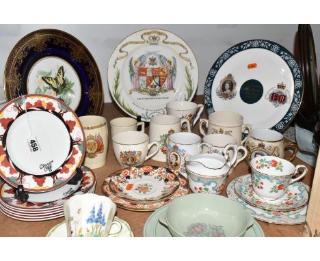A GROUP OF CERAMICS, to include six Wedgwood Clarice Cliff Café Chic 'Autumn' dessert plates, royal commemoratives including 