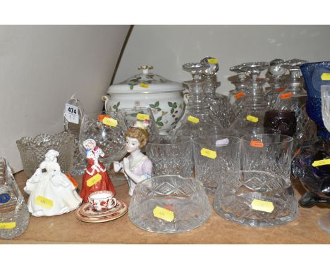 A COLLECTION OF GLASSWARE AND CERAMICS, to include six cut glass decanters with stoppers, six crystal whiskey glasses, two la