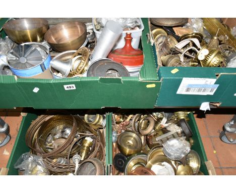 FOUR BOXES OF ASSORTED OIL LAMP AND LANTERN SPARE PARTS to include brass and copper decorative components, structural element