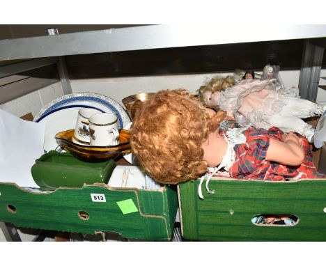 TWO BOXES OF MIXED CERAMICS AND DOLLS comprising a box of mixed ceramics to include a Woods Ware butter dish, a quantity of H