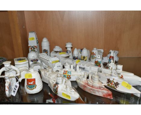 A GROUP OF MIXED MILITARY CRESTED WARE ORNAMENTS FROM VARIOUS MANUFACTURERS to include four ships comprising one unmarked, on