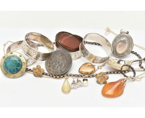 ASSORTED SILVER AND WHITE METAL ITEMS AND JEWELLERY, to include a 9ct gold front and back heart shape locket, a single silver