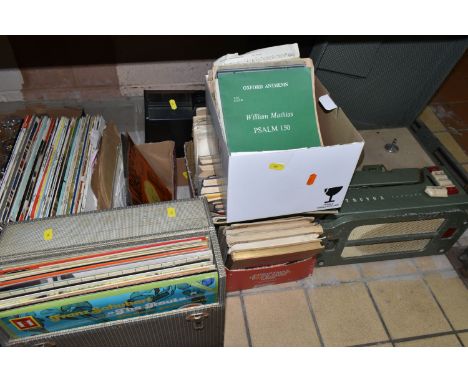 TWO BOXES AND LOOSE MUSIC RELATED ITEMS, to include two vintage Ferrograph reel to reel recorder, sheet music books, approxim