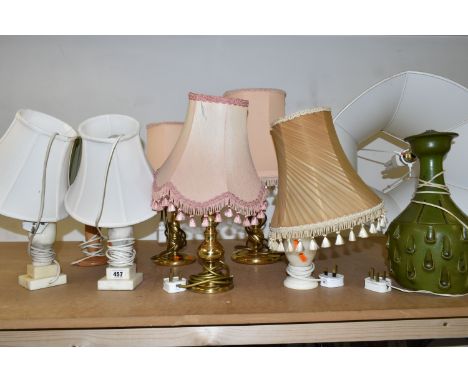 TEN TABLE LAMPS, with shades, to include a green glazed vintage studio pottery lamp base, height approximately 34cm, with sho