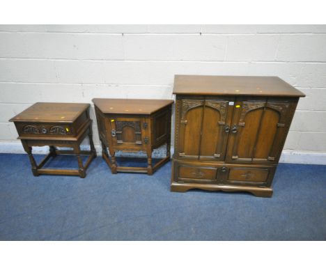 THREE PIECES OF OLD CHARM OAK FURNITURE, to include a tv cabinet, with double bi-fold doors, above a fall front door, width 9