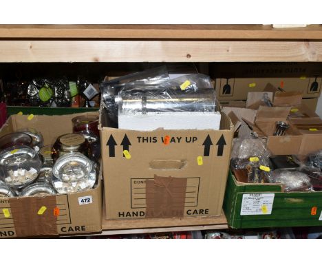 EIGHT BOXES OF NEW MISCELLANEOUS GOODS, twenty four clear plastic pails with tin lid and handle, a selection of decorative te